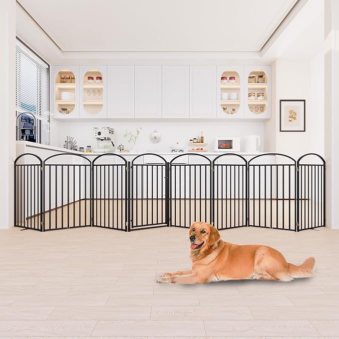 8 Panles Full Matel Freestanding Dog Gates with Door, 192"Extra Wide 36"Tall Free Standing Dog Pet Gate for Indoor & Outdoor. Foldable Pet Fences for Doorways, House, Stairs, Porch, Deck, Yard-PurrikoPets
