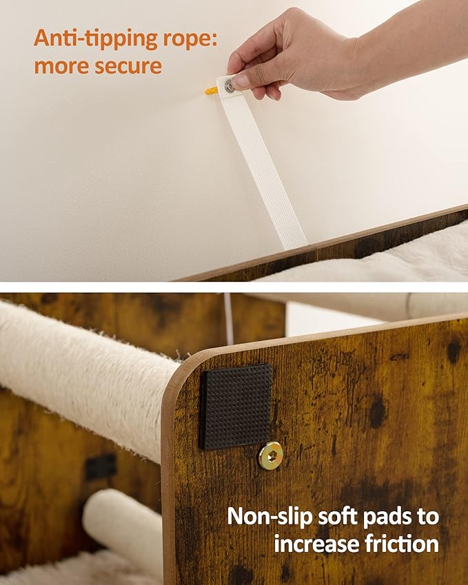 FourFurPets 43.8in 3-Tier Modern Cat Tree Tower Condo, Cat Scratch Posts for Indoor Cats, Big Plate, Two 19.7in Full Sisal Scratching Posts, Rustic Brown-PurrikoPets