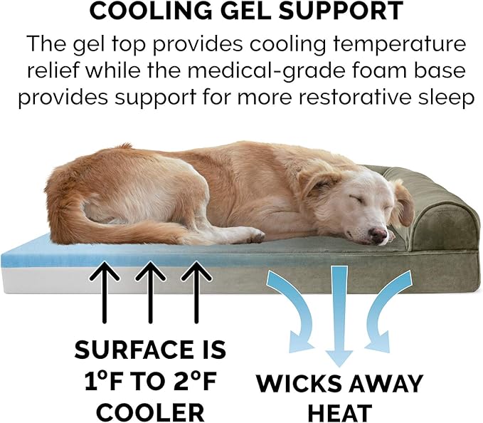 Furhaven Cooling Gel Dog Bed for Large/Medium Dogs w/ Removable Bolsters & Washable Cover, For Dogs Up to 55 lbs - Faux Fur & Velvet Sofa - Dark Sage, Large-PurrikoPets