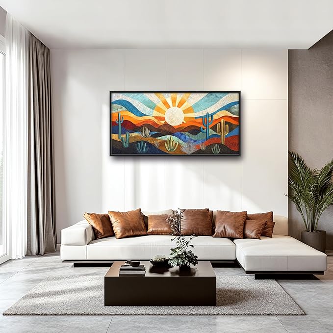 Extra Large Framed Abstract Boho Desert Wall Art, Sun Cactus Landscape Wall Decor Pictures for Living Room,Cacti Canvas Print Painting Modern Artwork Bedroom Office Bathroom Home Decor 60L x 30W-PurrikoPets