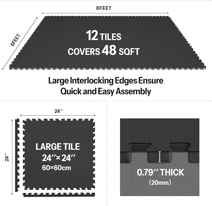 AIRHOP 0.79in Thick 48 Sq Ft Exercise Equipment Mats, 12 Tiles Upgraded Rubber Top with High Density EVA Foam, Large Interlocking Puzzle Gym Flooring for Home Gym, Heavy Weight Workout,Black-PurrikoPets