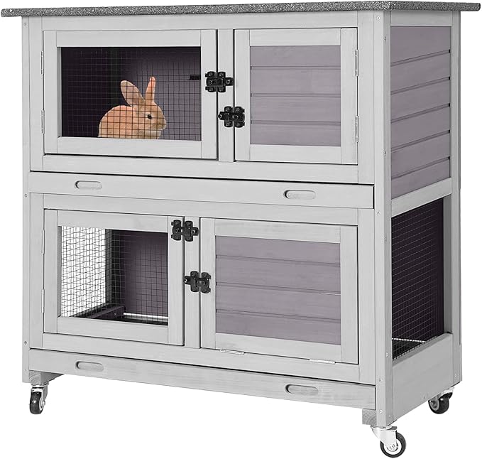 2 Story Rabbit Hutch Indoor Outdoor Rabbit Bunny House Guinea Pig Cage Wooden Pet House for Small Animals with 2 Large Rooms, Chewproof Ramp, Ventilation Door, Removable Trays (Grey)-PurrikoPets