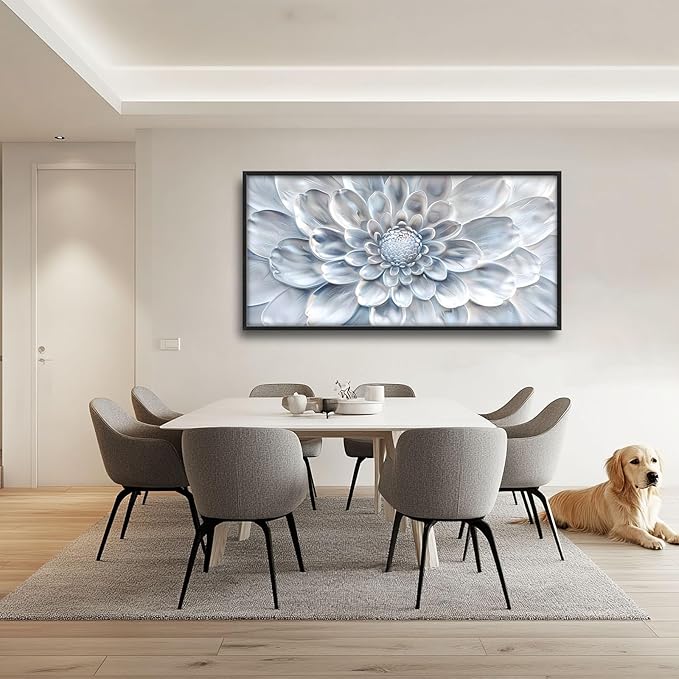Abstract Flower Large Wall Art White Silver Floral Pictures Wall Decor Neutral Canvas Print Painting Artwork for Bathroom Living Room Bedroom 60L" x 30W"-PurrikoPets