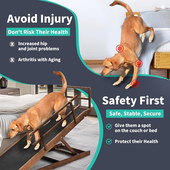 Dog Ramp, 5 Level Adjustable Height Folding Pet Ramp for High Bed, Portable Paw Ramps Large Bed Ramp for Medium & Large Old Dogs & Cats - Natural Wood Furniture Quality-PurrikoPets