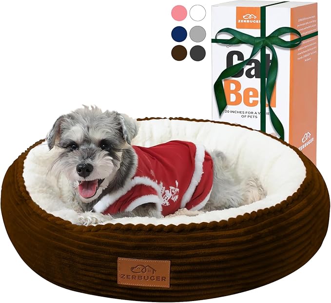 23in Round Cat Dog Bed for Large Medium Small Dogs Cats, Machine Washable Sleeping Sofa, Non-Slip Bottom Breathable Soft Calming Pet Cuddler for Indoor/Outdoor/Car/Cage, Brown-PurrikoPets