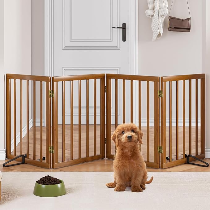 Freestanding Pet Gate Foldable 4 Panel Dog Gate Walnut Dog Gates for Stair Doorways House Indoor (2 Support Feet Included)-PurrikoPets