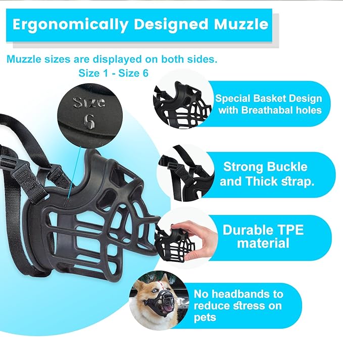 Dog Muzzle, OKKIC Basket Muzzle Anti Biting Chewing, Sturdy Lightweight Muzzle Allows Panting Drinking,Muzzle for Small Medium Large Dogs, Suitable for Grooming Trimming Training (Black, Size5)-PurrikoPets