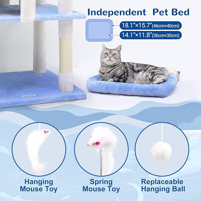 Globlazer Heavy Duty Cat Trees for Large Cats, Sturdy 72in Maine Coon Cat Tree for Large Cats 20 lbs+ Heavy Duty Cat Tower for Adult Biggest Cat with 6 Scratching Posts, Hammock, S72, Ocean Blue-PurrikoPets