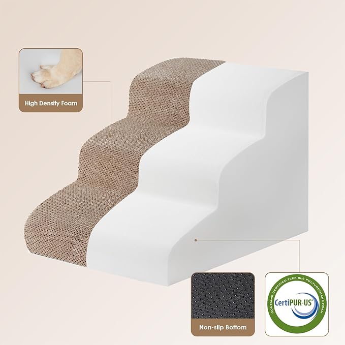 EHEYCIGA Curved Dog Stairs Ramp for Small Dogs 15.7" H, 3-Step Dog Steps for Couch Sofa and Chair, Pet Stairs for Cats, Non-Slip Balanced Pet Steps Indoor, Camel-PurrikoPets