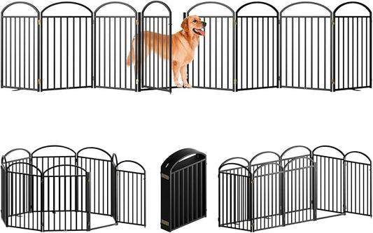 8 Panles Full Matel Freestanding Dog Gates with Door, 192"Extra Wide 32"Tall Free Standing Dog Pet Gate for Indoor & Outdoor. Foldable Pet Fences for Doorways, House, Stairs, Porch, Deck, Yard-PurrikoPets