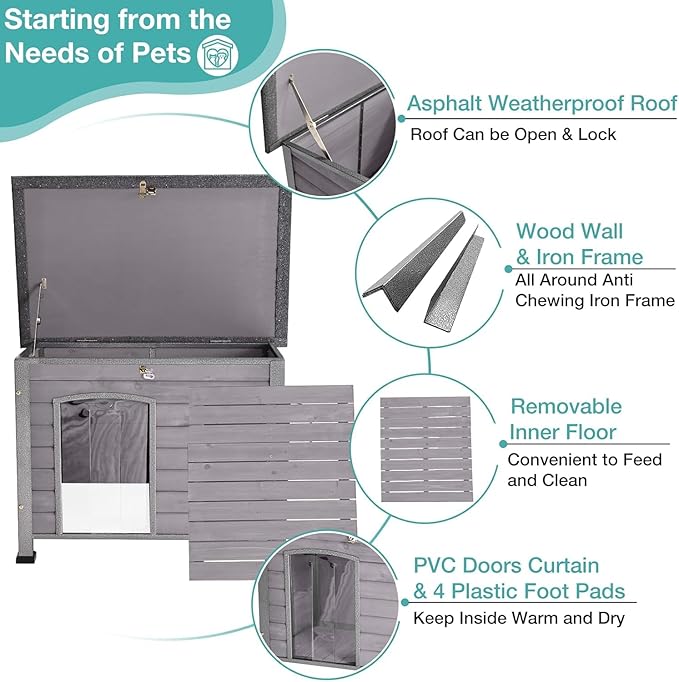 Feral Dog House Outdoor,Anti Bite Iron Frame Dog Kennel,Wood Warm Pets Home,Insulated Weatherproof Outside Shelter for Feral Animal (33.5"(L)×22"(W)×25.2"(H)-Grey-in)-PurrikoPets