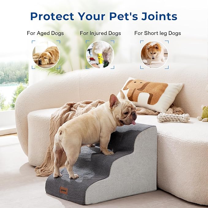 Dog Stairs Ramp for Bed 19.7" H - Pet Stairs Steps for Small to Medium Dogs to Get on Bed and Couch, 35D Foam with Non-Slip Bottom Brown, 4 Steps-PurrikoPets