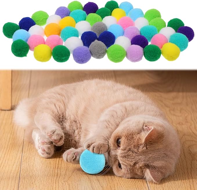 50 Picecs 1 Inch Cat Toys Balls Kitten Cat Pom Pom Balls Soft Cats Puff Ball Toys Rolling Interactive Fuzzy Cats Toy Ball Play Toy for Exercise, Creative Crafts Decorations Assorted Color-PurrikoPets