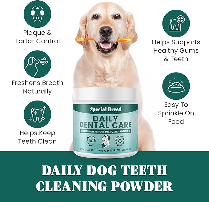 Dog Teeth Cleaning Powder – Natural Dog Dental Powder for Tartar Control, Fresh Breath & Gum Health – Daily Plaque Remover with Zeolite, Brown Algae, Probiotics & Rosemary – 90 Scoops-PurrikoPets