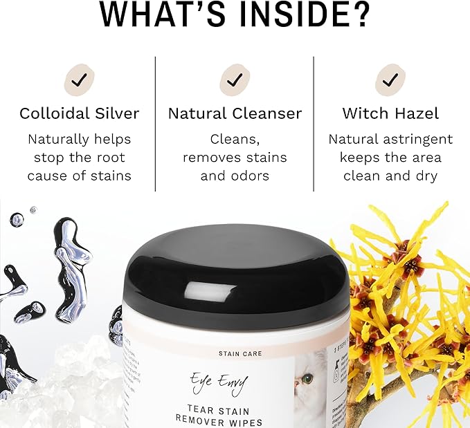 Eye Envy Tear Stain Wipes for Cats. Textured to Gently Clean, Treats The Cause of Staining. 100% Natural Formula. Recommended by Persian & Exotic Breeders, Vets, Groomers. USA Made. 60 Cat Eye Wipes-PurrikoPets