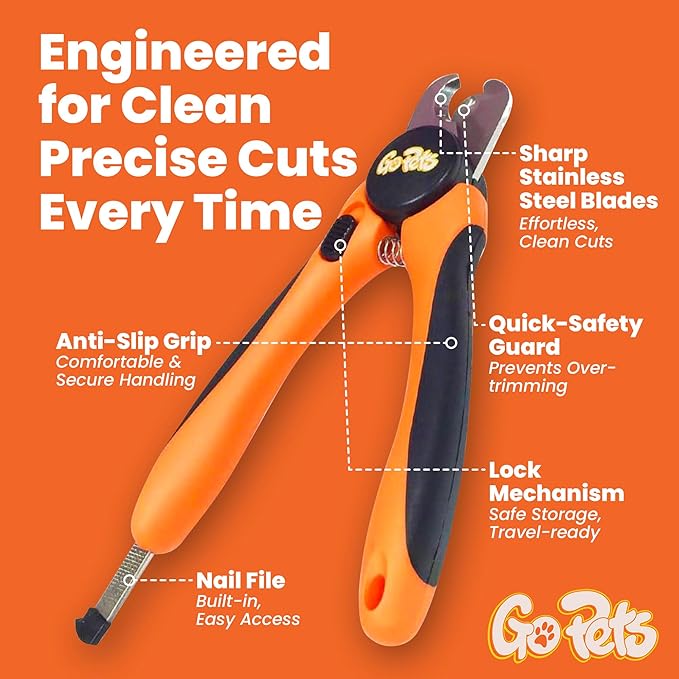 GoPets Nail Clipper for Large Sized Pets, Quick Sensor Safety Guard, Heavy Duty Trimmer for Thick Nails, Stainless Steel Blades, Grooming Tool for Dogs & Cats, Non-Slip Handle, Built-in Nail File-PurrikoPets