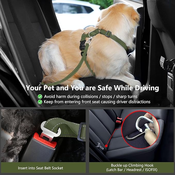 Dog Seat Belt Harness for Car, Dog Car Harness Adjustable Mesh Breathable & Dogs Seatbelt Safety Tether with Elastic Bungee for Small Medium Large Pets(Army Green, M)-PurrikoPets