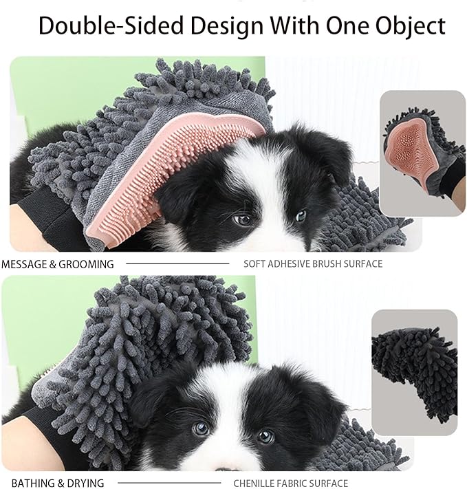 Dual Sided Pet Grooming Glove with Rubber Paw - 2-in-1 Grooming Glove | Fun Dogs & Cats Grooming Tool for Brushing, Massaging, and Scrubbing | Chenille Fabric Side Acts as Pet Bathing(Blue)-PurrikoPets