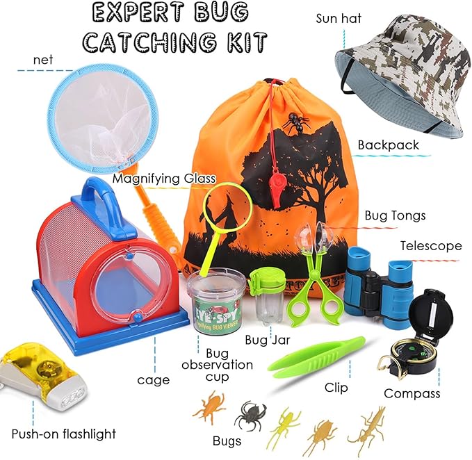 ESSENSON Outdoor Explorer Kit & Bug Catcher Kit with Binoculars, Compass, Magnifying Glass, Critter Case and Butterfly Net Great Toys Kids Gift for Boys & Girls Age 3-12 Year Old Camping Hiking-PurrikoPets
