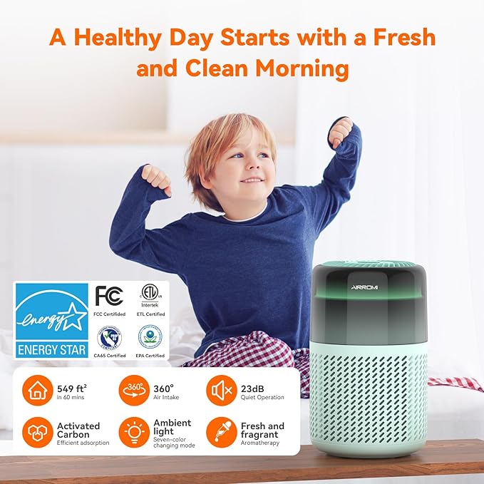AIRROMI Air Purifier for Bedroom Home,HEPA Filter,Covers Upto 549 Ft²,Quiet 360°intake Air Cleaner with Fragrance ponge for Better Sleep,Night Light,Filters Smoke,Pet Dander,Allergies,Dust,A2005Turquo-PurrikoPets