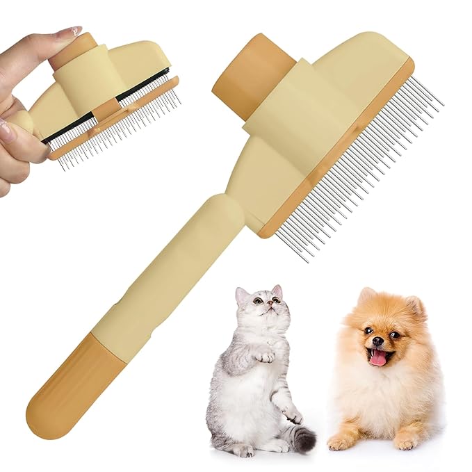 Flea Comb for Cat Hair Removal Comb, 2025 New Self-Cleaning Flea Brush for Cats and Dog, Comfort Cat Hair Removal Tool with Long & Short Stainless Steel Metal Grooming Brush(Yellow)-PurrikoPets