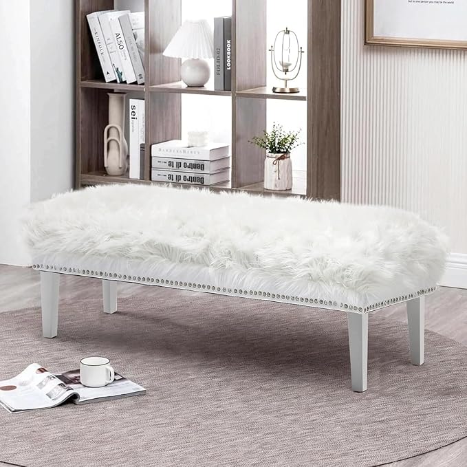 46 Inch White Bedroom Bench, Modern Multi-Purpose Bench with Wooden Legs, White Faux Fur Upholstered Bench for Bedroom, Living Room, or Entryway-PurrikoPets
