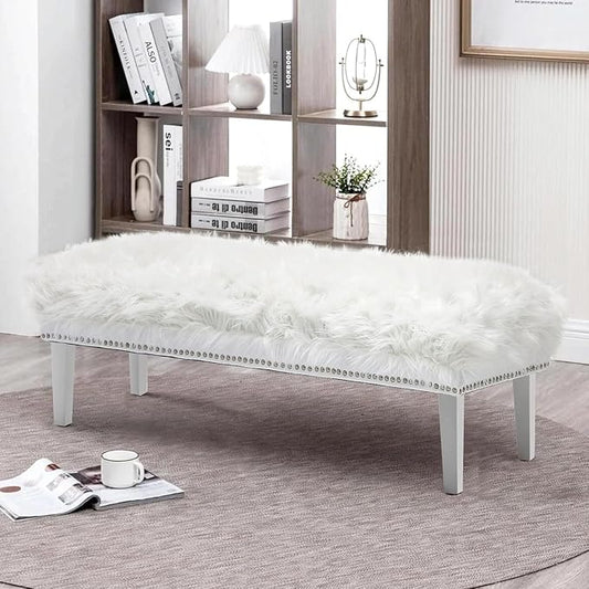 46 Inch White Bedroom Bench, Modern Multi-Purpose Bench with Wooden Legs, White Faux Fur Upholstered Bench for Bedroom, Living Room, or Entryway-PurrikoPets