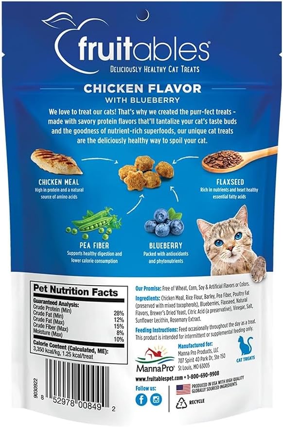 Fruitables Crunchy Low Calorie Treats Packed with Protein For Cats Healthy Free of Wheat, Corn and Soy – Made with Real Chicken with Blueberry – 2.5 Ounces-PurrikoPets