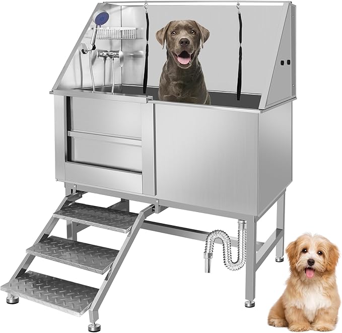 50" Dog Bathing Station, Professional Dog Washing Station Stainless Steel Dog Grooming Tub for Home,Equipped with Three Anti-Slip Steps, Removable Door, Pet Wash Station for Pet (50" Left ramp)-PurrikoPets