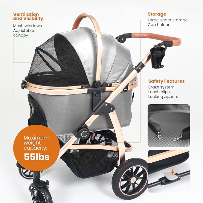 3 in 1 Pet Stroller - Stroller for Small to Medium Dogs and Cats up to 55 lbs, with Detachable Carrier/Car Seat, Foldable and Lightweight, Detachable Cushion + Cup Holder (Gray)-PurrikoPets