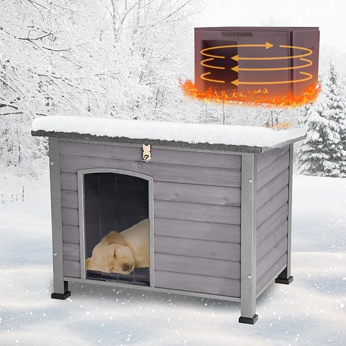 Feral Dog House Outdoor,Anti Bite Iron Frame Dog Kennel,Wood Warm Pets Home,Insulated Weatherproof Outside Shelter for Feral Animal (33.5"(L)×22"(W)×25.2"(H)-Grey-in)-PurrikoPets
