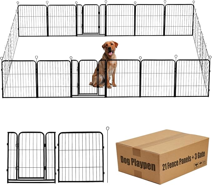 Dog Playpen,24 32 40 48 in(H) Pet Fence Outdoor for Rv Camping,Garden Fence Small Animal Barrie for Yard,11Ft(L)-56Ft(L) Black Metal Temporary Fencing-PurrikoPets