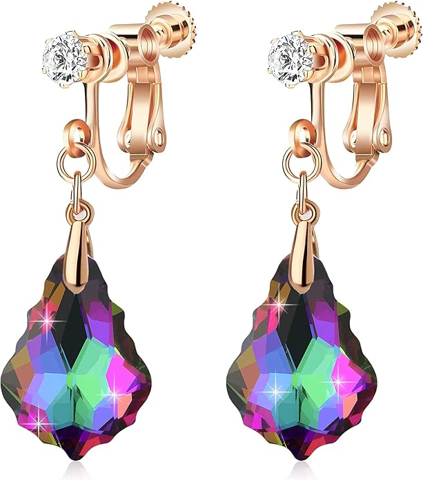 Austrian Crystal Baroque Drop Clip On Dangle Earrings for Women Non Pierced 14K Rose Gold Plated Hypoallergenic Jewelry