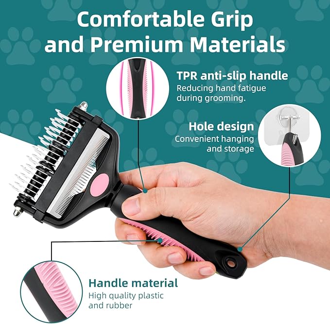 3-IN-1 Pet Grooming Tool - Undercoat Rake, Dematting Comb & Deshedding Brush for Cats & Dogs - Removes Mats, Tangles & Loose Fur, Reduces Shedding & Prevents Hair Mess (Pink)-PurrikoPets