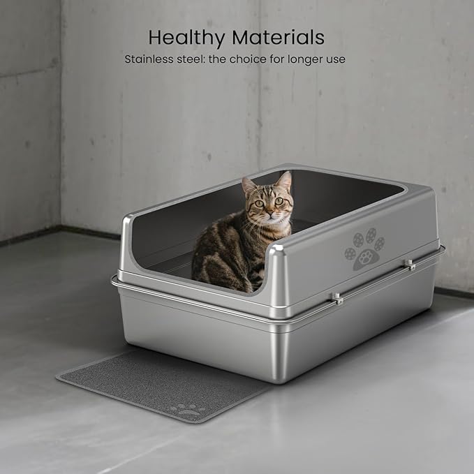Enclosed Stainless Steel Cat Litter Box with Lid, Oversize Metal Litter Box for Multi Cats, Extra XXL Cat Toilet with High Side, Non-Stick, Anti-Leakage, Odorless, with Cat Litter Mat & Litter Scoop-PurrikoPets