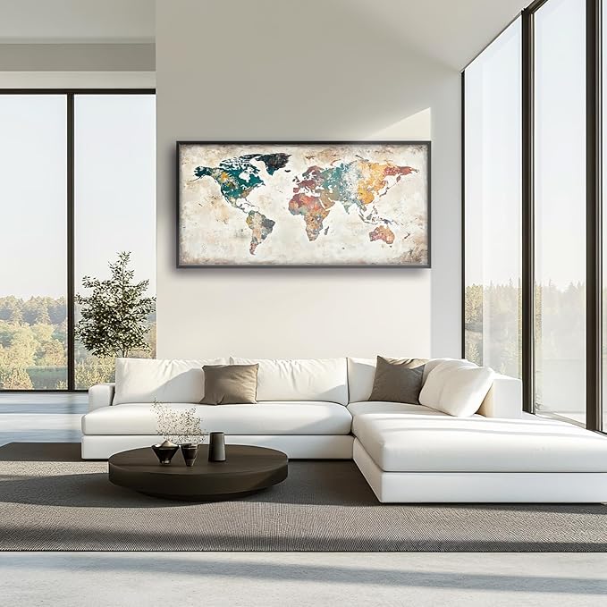 Extra Large Framed World Map Wall Art,Oversized Colorful Vintage Nautical Map Wall Decor Pictures for Living Room,Canvas Print Painting Modern Artwork Office Bedroom Home Decor 60L x30W-PurrikoPets