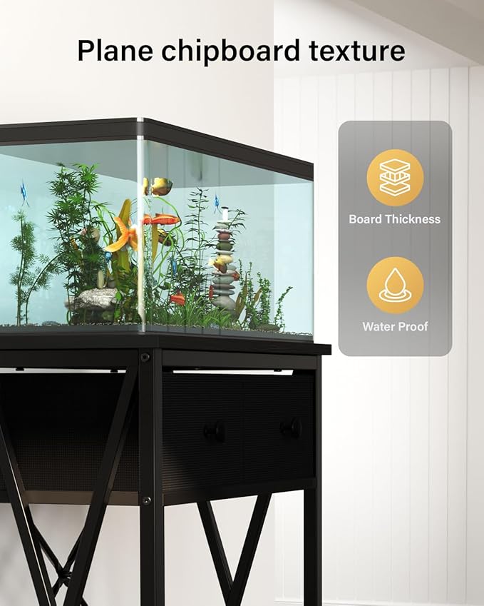 Fish Tank Stand for 5-10 Gallon Fish Tank: Aquarium Stand with Power Outlet - Metal 10 Gallon Tank Stand with Cabinet Drawer Storage for Turtle Tank, Reptile Terrarium (Black, 220LBS Capacity)-PurrikoPets