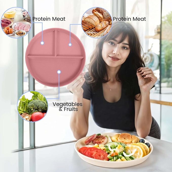 10 Pcs Unbreakable Divided Plates for Kids Adults, 9 Inch Round Portion Control Plate, 3 Compartment Plates with Dividers, Lightweight Reusable Dinnerware Portion Control Plastic, Dishwasher Safe-PurrikoPets