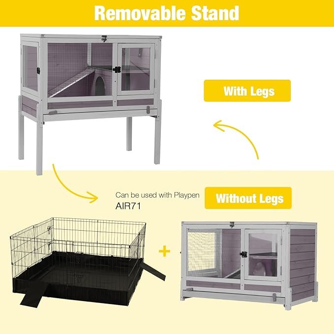 Aivituvin Rabbit Hutch with Stand Wooden Bunny Cage Indoor 2 Story Guinea Pig House with Anti Chew Ramp, No Leak Tray, Hideout, Wire Mesh (Gray)-PurrikoPets