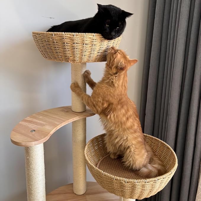 54" Large Modern Cat Trees, Luxury Rattan Oak Solid Wood Cat Trees Towers，3 Weaving Cat Nests & Washable Cool Cushions, Sisal Scratching Posts,Cat Condo for Indoor Cats- Wood Wax Oil Version-PurrikoPets
