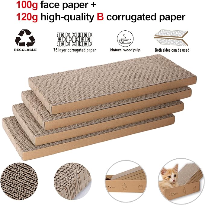 4 Packs in 1 Cat Scratch Pad with Box, Cat Scratcher Cardboard,Reversible,Durable Recyclable Cardboard, Suitable for Cats to Rest, Grind Claws and Play with Scratch Box-PurrikoPets