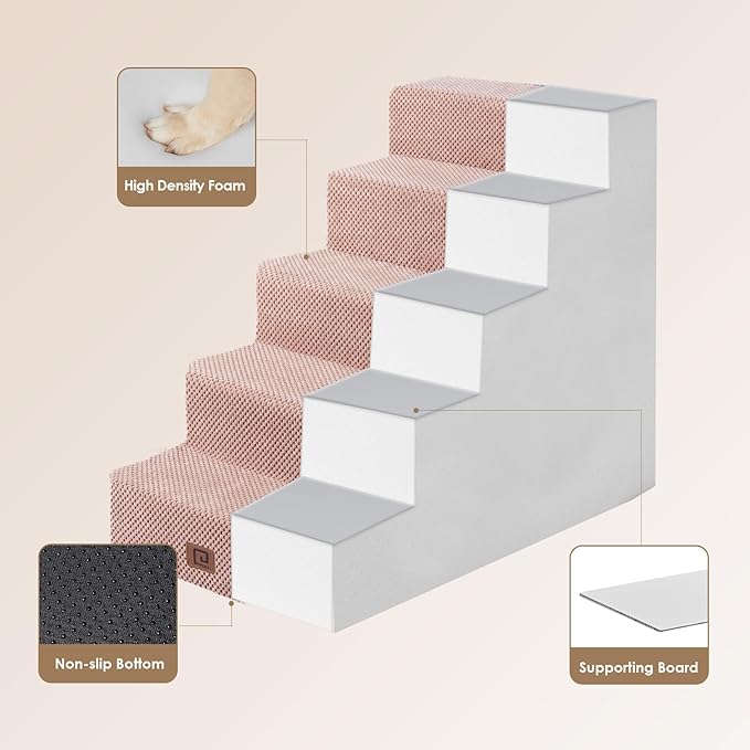EHEYCIGA Dog Stairs for High Bed 22.5" H, 5-Step Dog Steps for Bed, Pet Steps for Small Dogs and Cats, Non-Slip Balanced Pet Ramp Indoor, Pink-PurrikoPets
