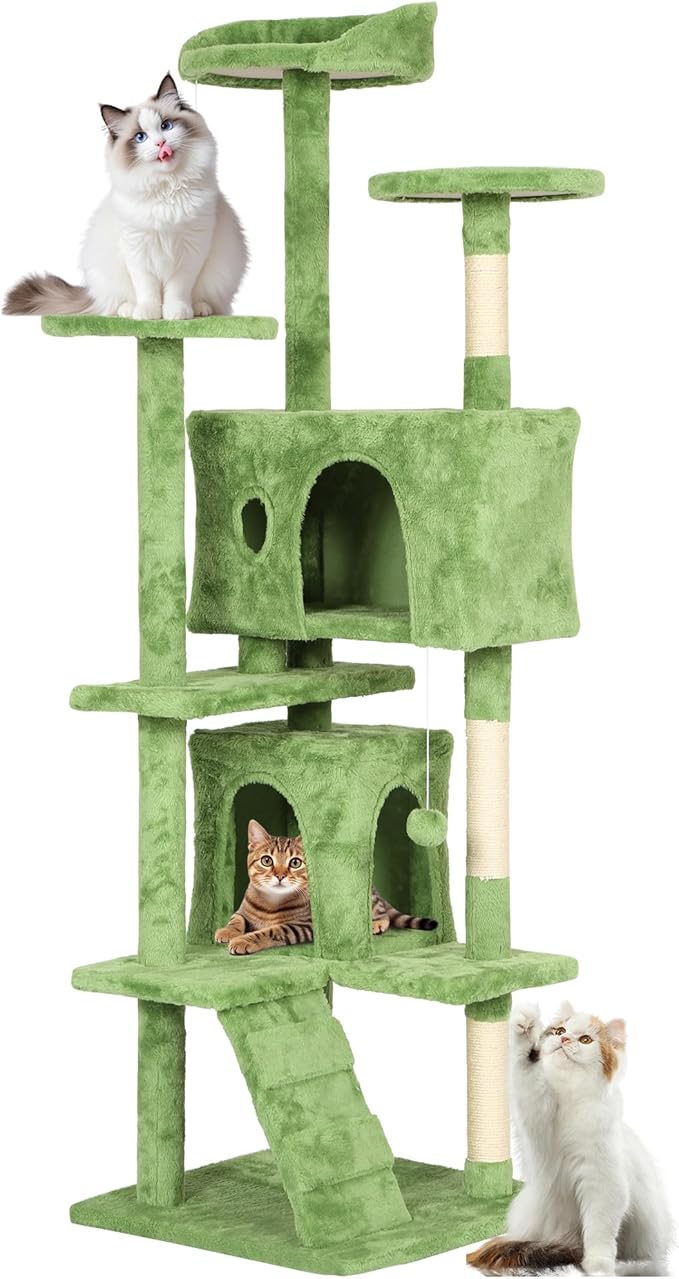FDW Cat Tree 70in Cat Tower Multi-Level Durable Cat Scratching Post & Cozy Fun Cat Jumping Platform Space Saving Cat Condo Pet Play House for Indoor Cats,Green-PurrikoPets