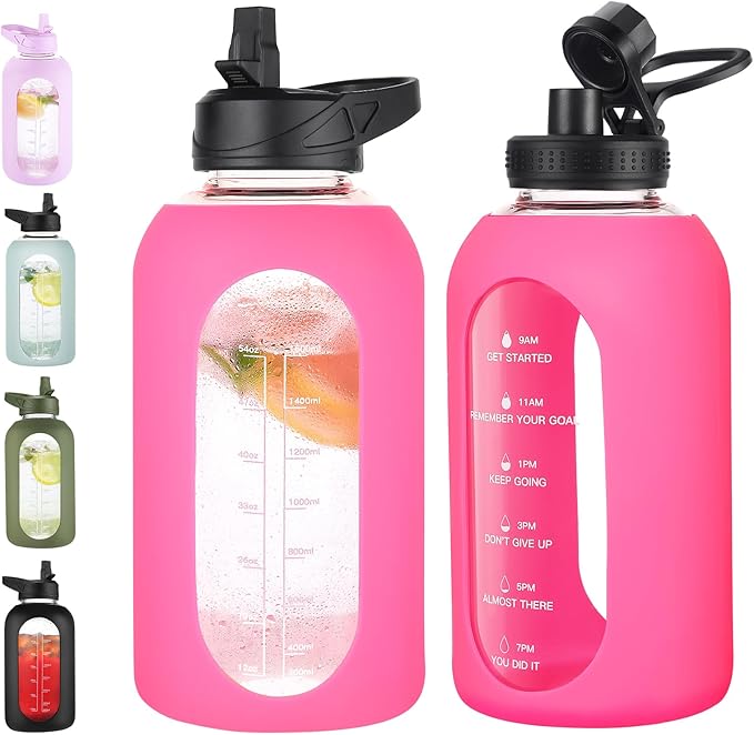 64 oz Glass Water Bottle With Straw and Handle, Half Gallon Sports Motivational Water Jug Flask with Silicone Sleeve, Large Water Cup with Time Marker for Travel, Gym, Hot Pink-PurrikoPets