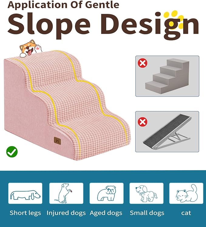 Dog Step for Bed, Dog Stair 3-Step 35D Pet Stair 15.7" H for High Bed or Sofa Non-Slip Balanced Pet Step Indoor, Pink-PurrikoPets