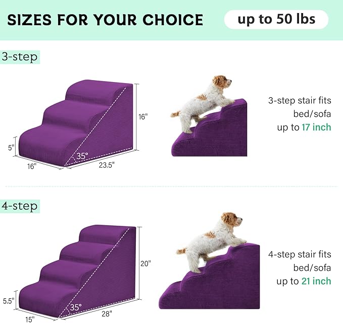 Dog Steps for Small Dogs, 3-Step Dog Ramp and Stairs for High Beds and Sofa, Non-Slip Pet Stairs Removable and Easy to Clean Cover, Purple-PurrikoPets