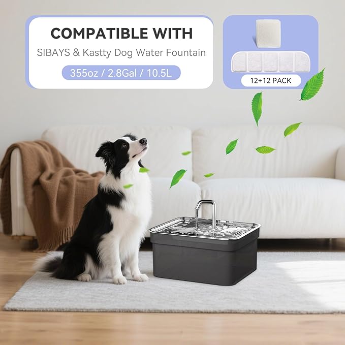 12 Pack Replacement Filter for SIBAYS & Kastty 355oz / 2.8Gal / 10.5L Large Dog Water Fountain, Coconut Shell Activated Carbon Pet Water Fountain Filters with 12 Pack Sponges-PurrikoPets