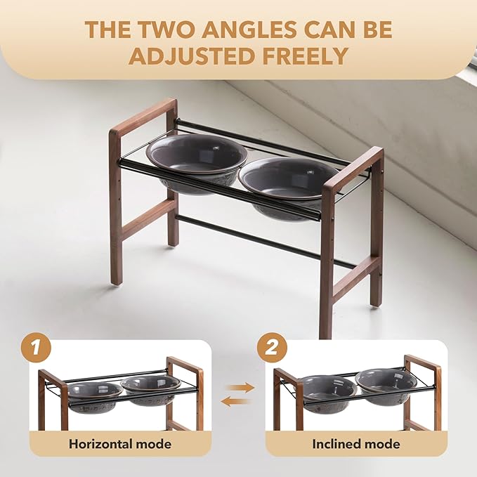 8.7inch Ceramic Adjustable Raised Double Bowls Set with Stand, 3 Heights Elevated, 2 Placement Options,Food and Water Dishes for Large Dog(Double Bowls+Stand, Reactived Glaze -Grey)-PurrikoPets