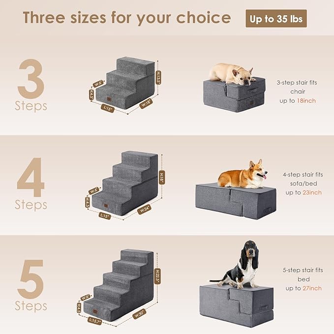 EHEYCIGA Dog Stairs for Bed 18" H, 4-Step Dog Steps for High Bed, Pet Steps for Small Dogs and Cats, Non-Slip Balanced Pet Ramp Indoor, Grey-PurrikoPets