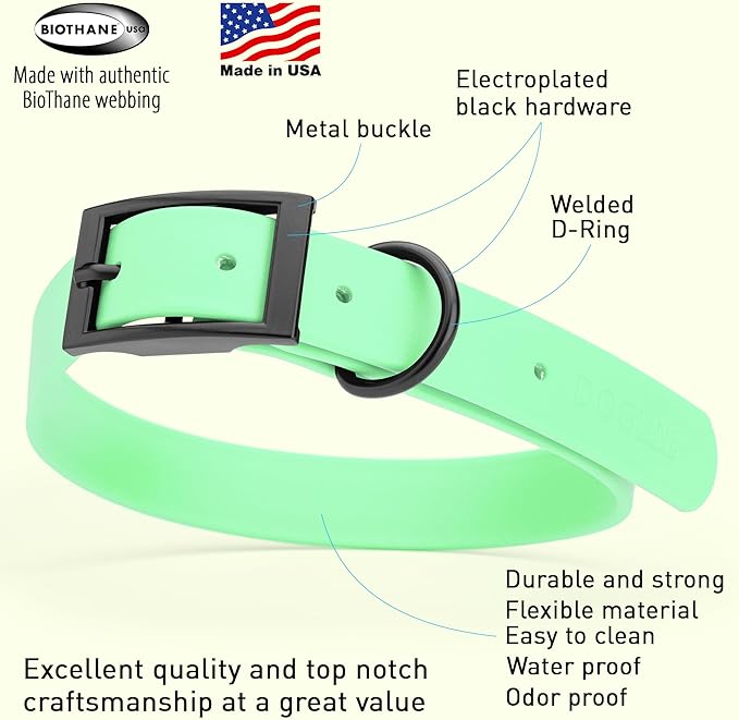 Dogline Biothane Waterproof Dog Collar Strong Coated Nylon Webbing with Black Hardware Odor- Proof for Easy Care Easy to Clean High Performance Fits Small Medium or Large Dogs, Sea Foam Green-PurrikoPets